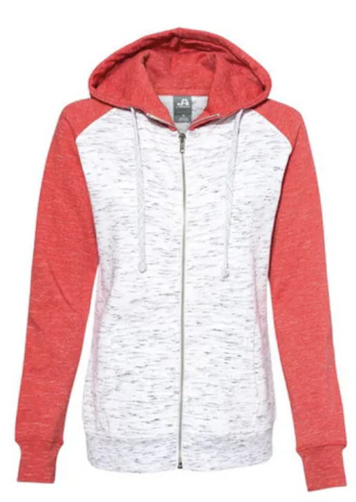 J. AMERICA WOMEN’S MÉLANGE FLEECE COLORBLOCKED FULL-ZIP SWEATSHIRT