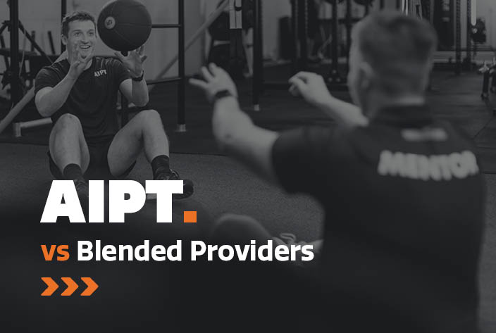 AIPT vs blended Personal Training course providers, featuring practical fitness training in a gym.