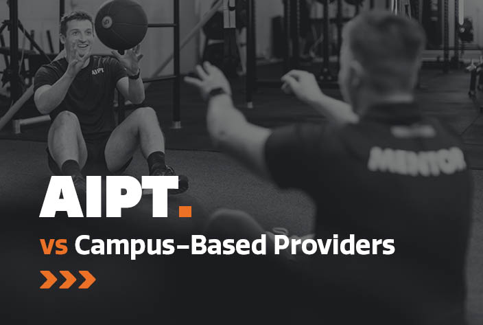 AIPT vs campus-based Personal Training course providers, featuring practical fitness training in a gym.