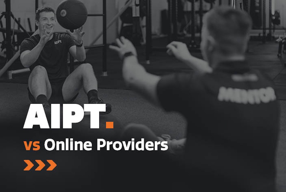 AIPT vs Online Personal Training course providers, featuring practical fitness training in a gym.