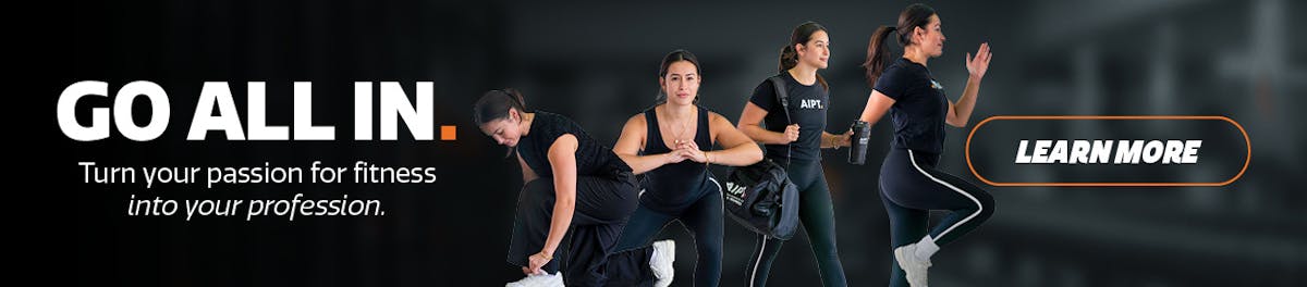Promotional desktop banner for the Australian Institute of Personal Trainers (AIPT) featuring text "GO ALL IN. Turn your passion for fitness into your profession" alongside four female fitness students in black clothing and a "LEARN MORE" button.
