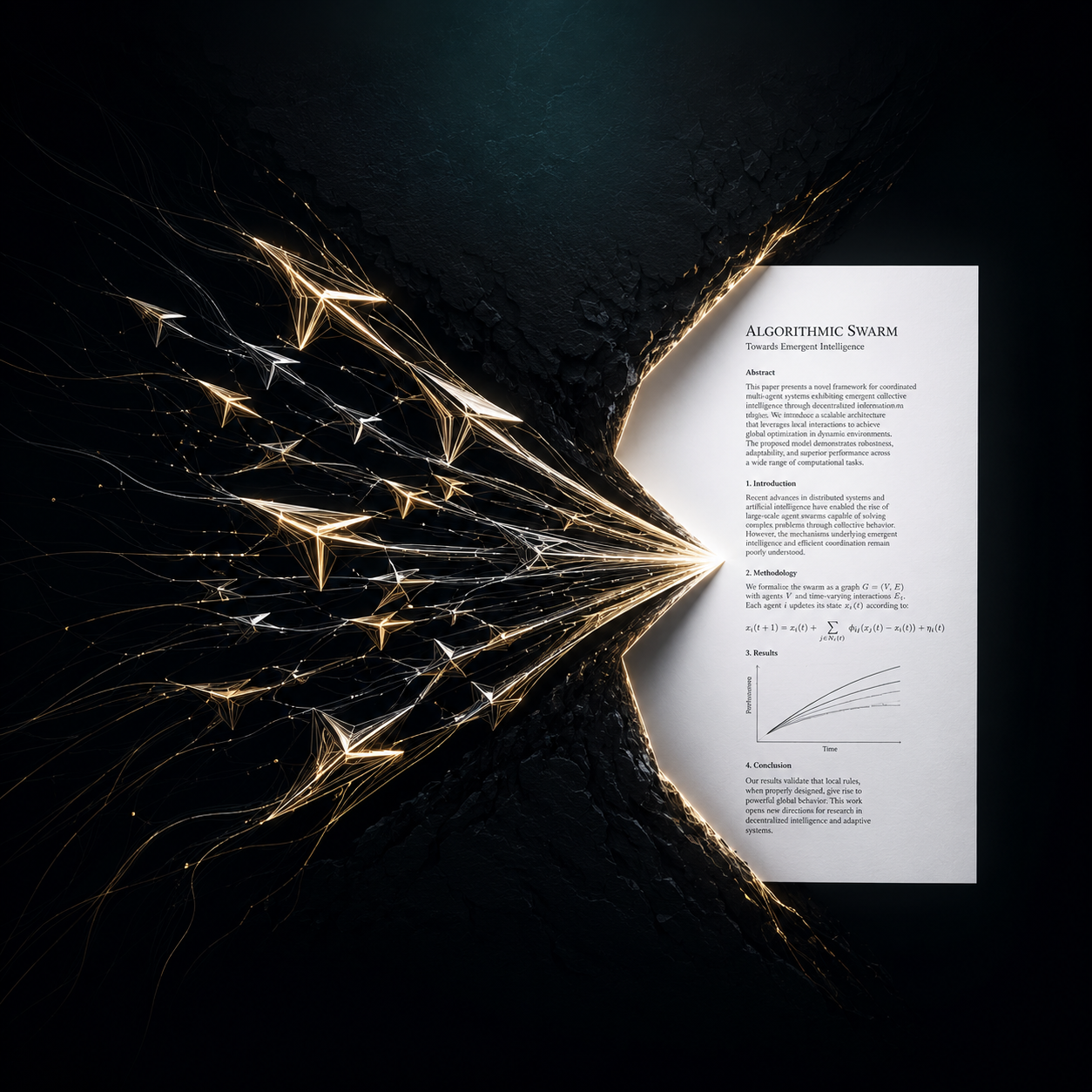 A minimalist, premium tech logo style illustration. A stylized, sharp geometric swarm icon constructed of interlocking gold and white neon threads, aggressively carving out a flawless, clean white sheet of academic paper from a chaotic dark background. High contrast, volumetric studio lighting, deep obsidian backdrop with a touch of ambient dark teal light. Sleek, professional, modern, 4k, ultra-clean details. --ar 1:1