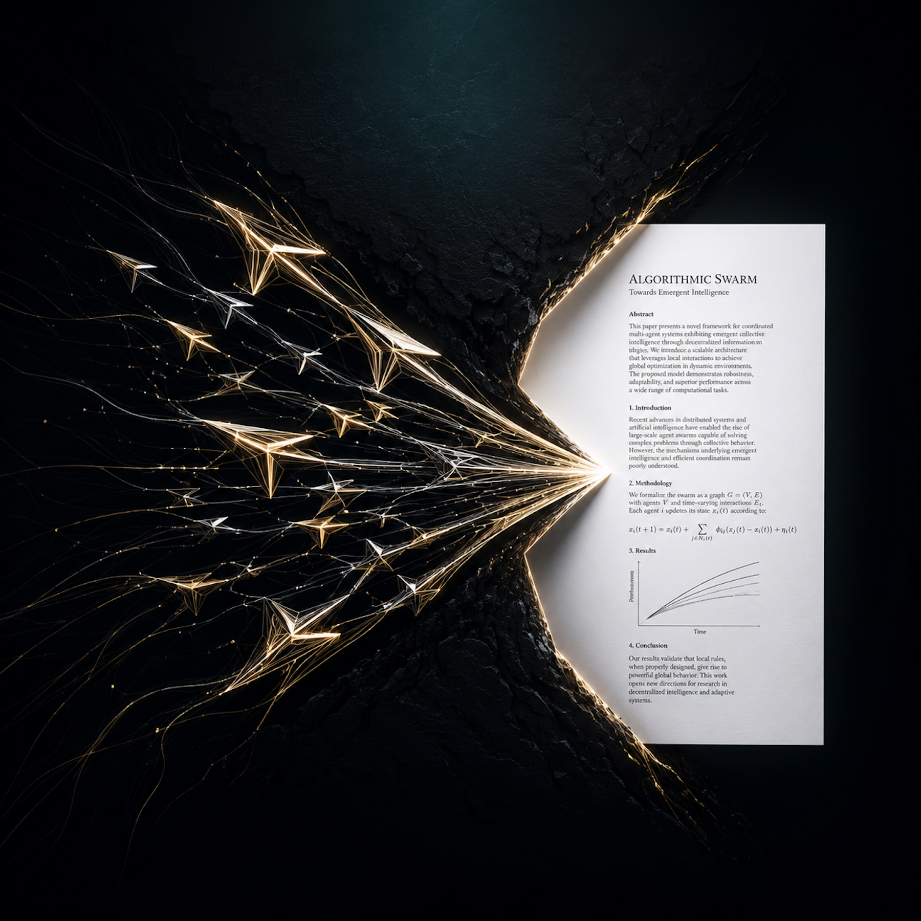 A minimalist, premium tech logo style illustration. A stylized, sharp geometric swarm icon constructed of interlocking gold and white neon threads, aggressively carving out a flawless, clean white sheet of academic paper from a chaotic dark background. High contrast, volumetric studio lighting, deep obsidian backdrop with a touch of ambient dark teal light. Sleek, professional, modern, 4k, ultra-clean details. --ar 1:1