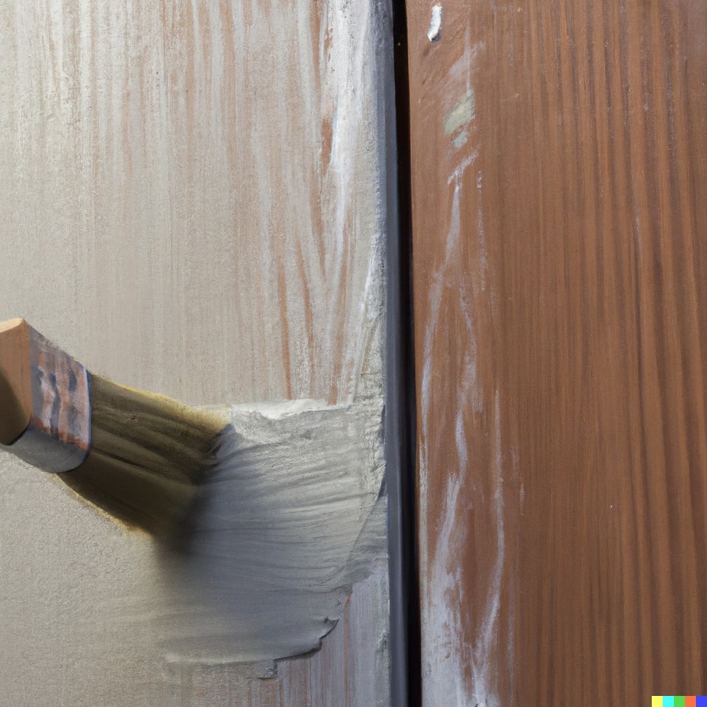 A brush paints a wooden door