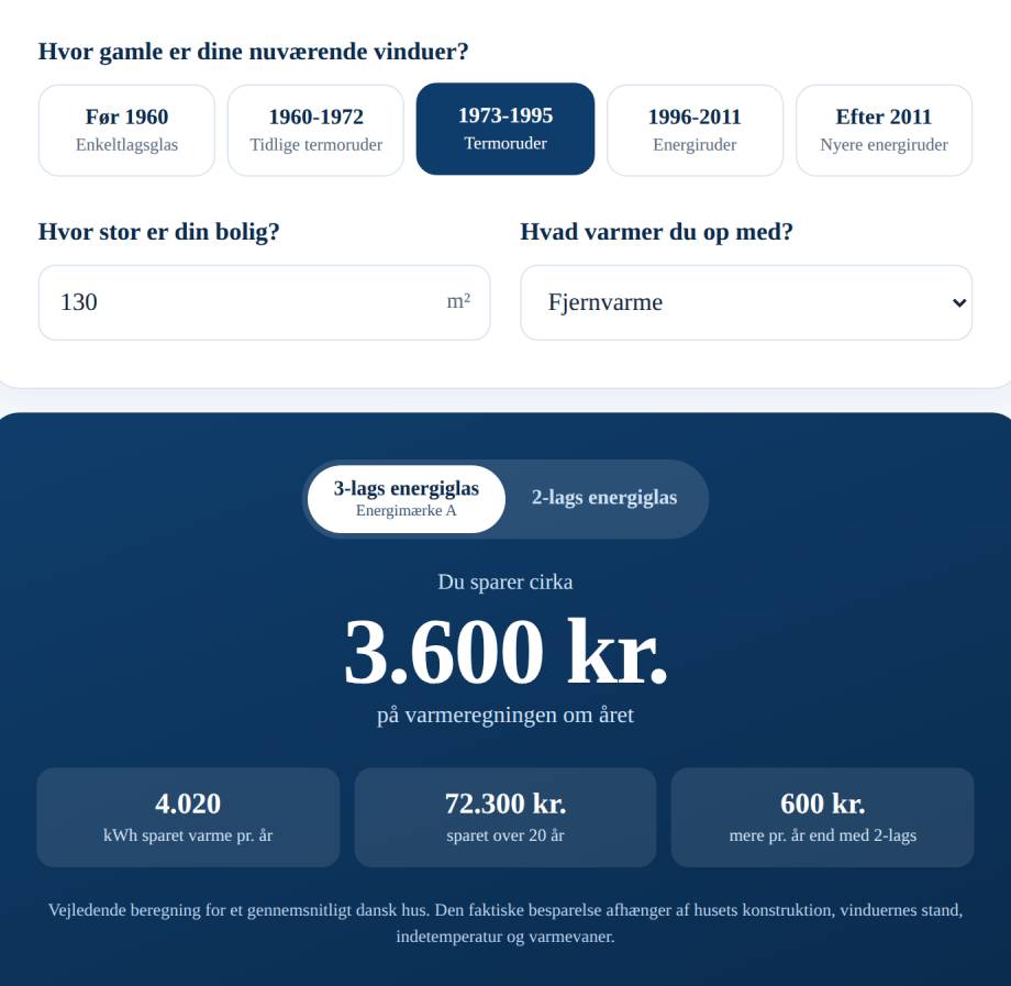 Klars energiberegner: vælg vinduernes alder, boligareal og varmekilde og se din besparelse på varmen