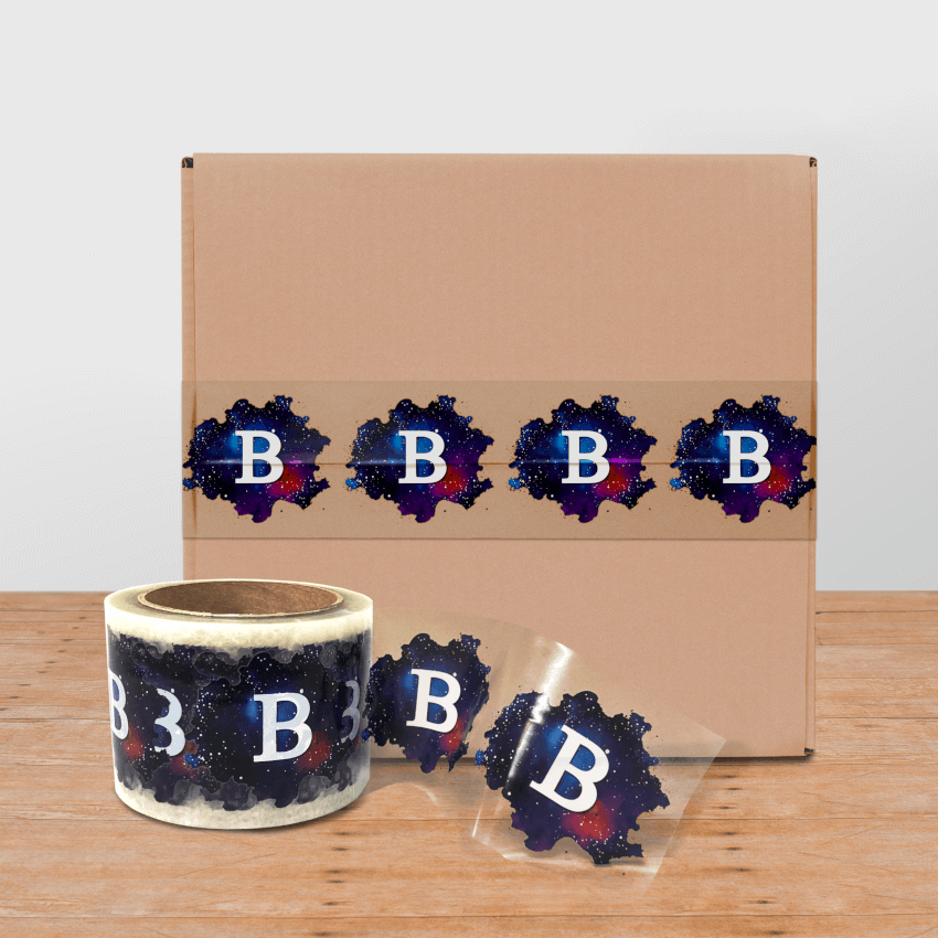 Custom clear poly tape on brown box with roll