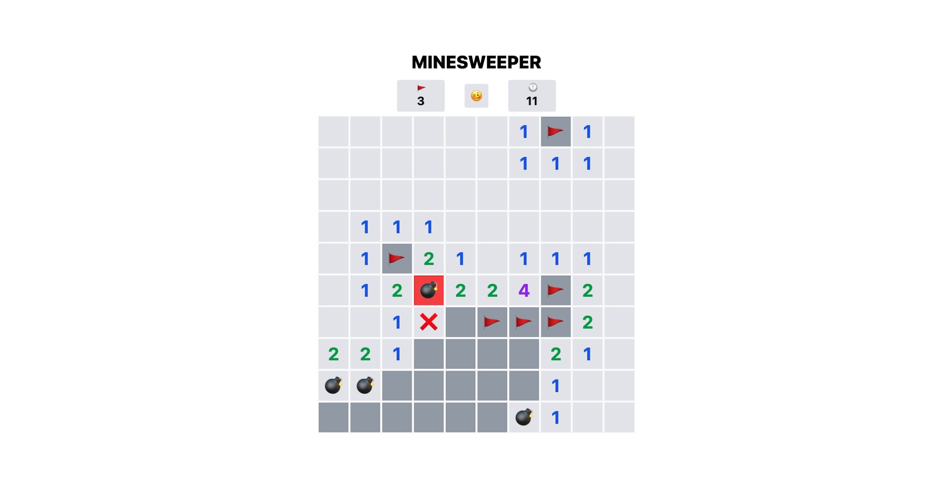 Screenshot of lost minesweeper game