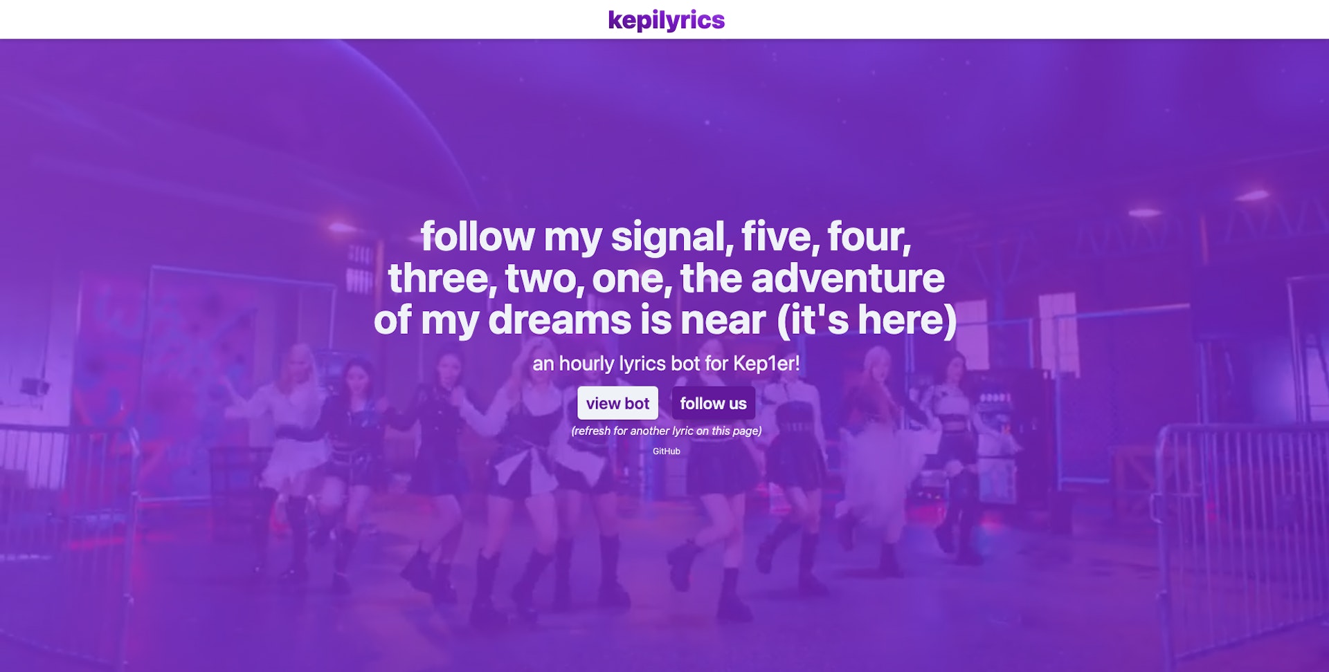 screenshot of the bot's landing page
