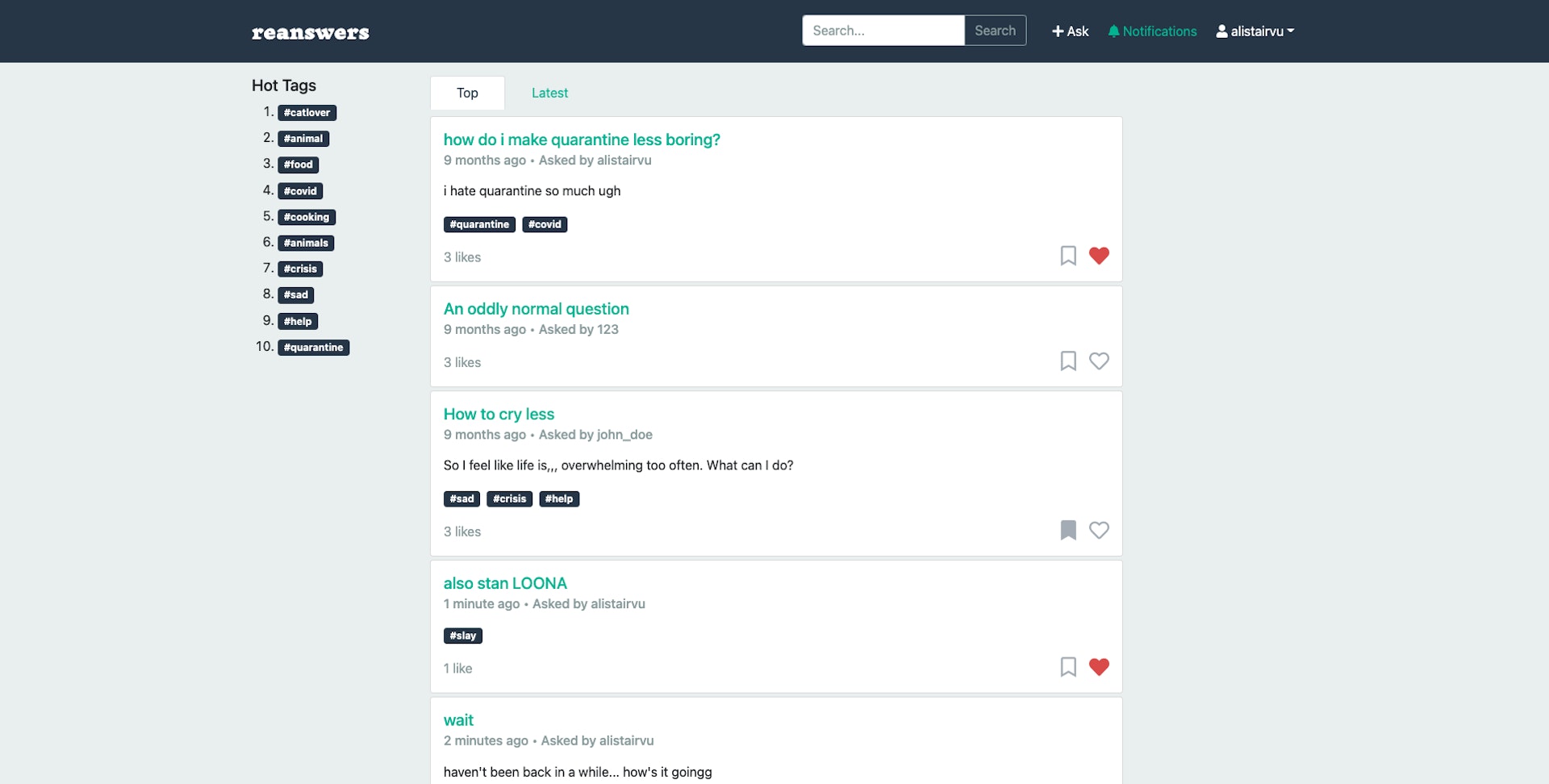 screenshot of reanswer's dashboard page