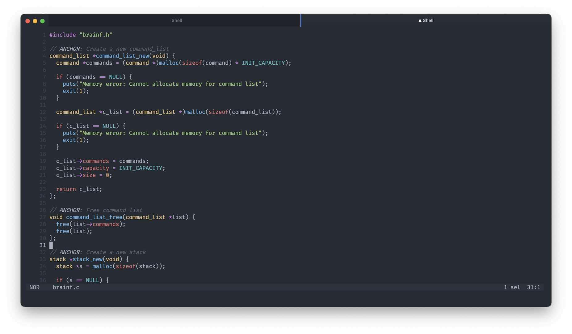 Screenshot of the beginning of the brainf.c file.