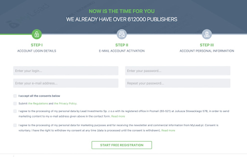 registration page for MyLead affiliate program
