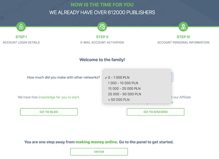 Sign up form for MyLeads.com to report amount of affiliate sales