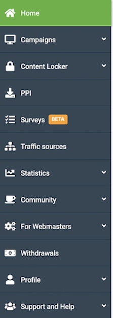 MyLead affiliate dashboard showing options