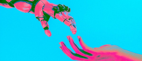 Foto van robot hand en menselijk hand