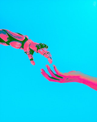 Foto van robot hand en menselijk hand
