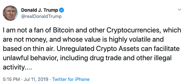 トランプ大統領の2019年ビットコイン批判ツイート