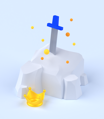 A sword in a rock, with a golden crown on the ground.