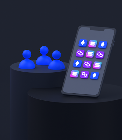 A phone with crypto currencies icons (Solana, Ethereum, Polygon) and users.