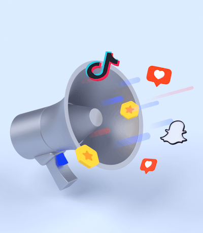 Social media icons such as TikTok, Snapchat, and Instagram, going out of a megaphone.
