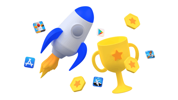 A rocket and a trophy, surrounded with game icons, App store icons, and gold coins.