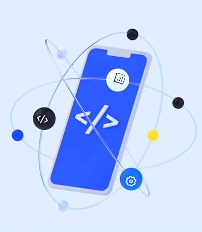 A levitating phone surrounded with atoms and particles, with icons representing development, engineering, and analytics.