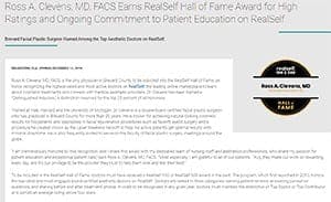 Ross A. Clevens, MD, FACS Earns RealSelf Hall of Fame Award for High Ratings and Ongoing Commitment to Patient Education on RealSelf