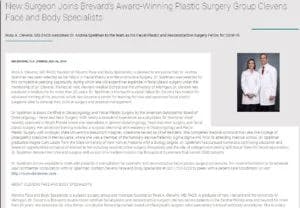 New Surgeon Joins Brevard’s Award-Winning Plastic Surgery Group Clevens Face and Body Specialists