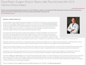 Facial Plastic Surgeon Ross A. Clevens, Md, Facs Honored With 2016 Patients’ Choice Award