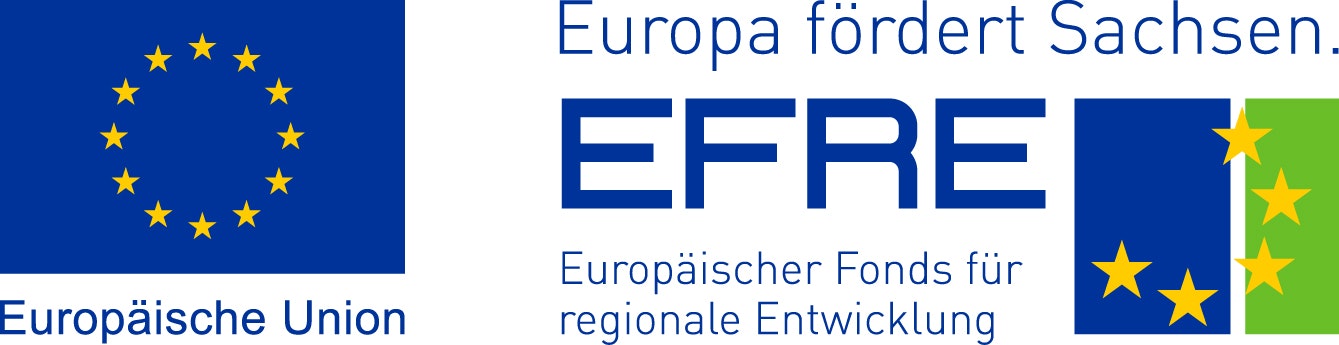 Logos der Europäischen Union und des Europäischen Fonds für regionale Entwicklung mit Text, der die Förderung in Sachsen betont.