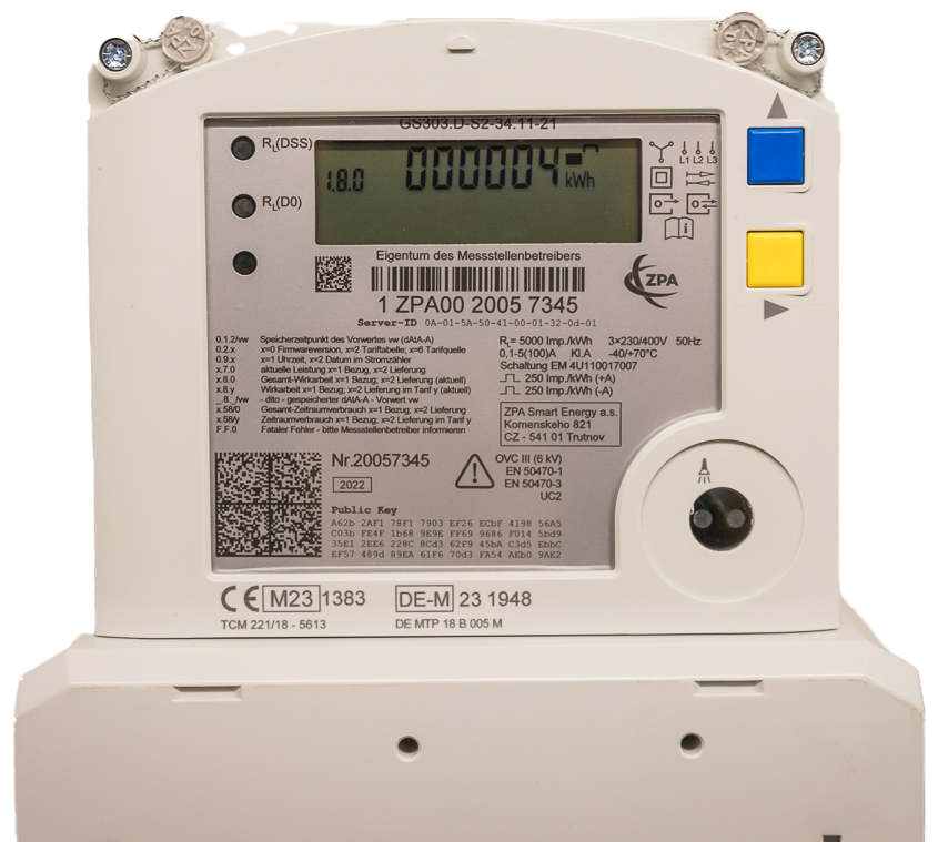 Ein digitaler Stromzähler mit einem großen Display zeigt einen Verbrauch von 47 kWh an, umgeben von mehreren Tasten und einem Barcode auf einem beigen Gehäuse.