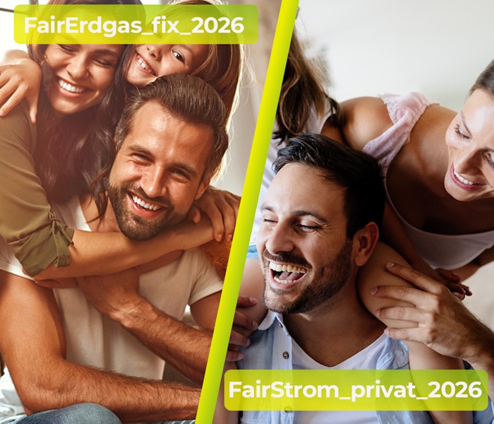 Links neben einem gelben diagonalen Streifen lächelt eine Familie in einem warm beleuchteten Raum fröhlich, während sie sich umarmt, mit dem Text "FairErdgas_fix_2026"; rechts sind ein Mann und eine Frau zu sehen, die gemeinsam lachen und der Text "FairStrom_privat_2026" eingeblendet ist.