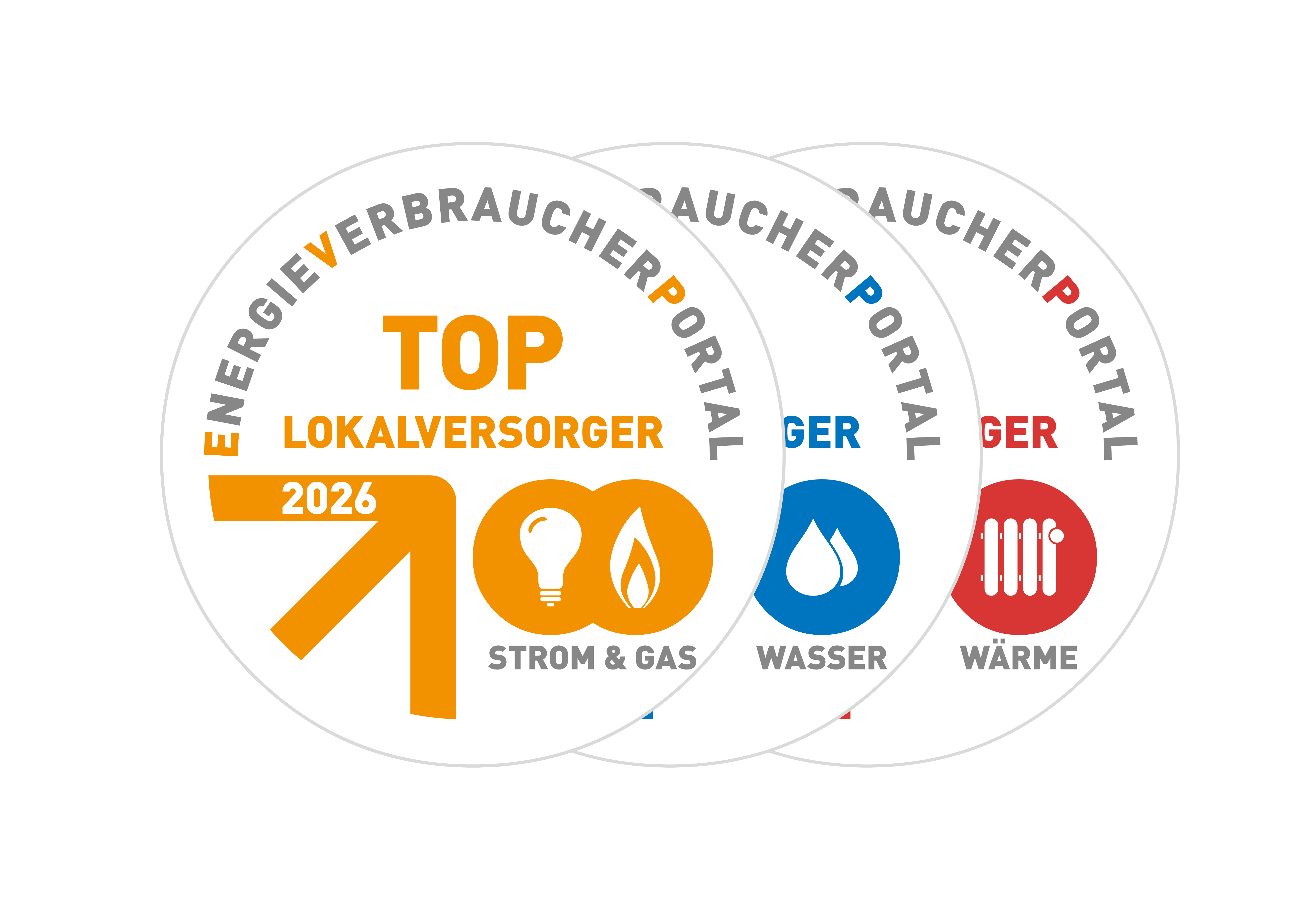 Das Bild zeigt drei runde Auszeichnungen mit dem Titel "Energieverbraucherportal", wobei die vorderste Medaille "Top Lokalversorger 2026" für Strom & Gas trägt, flankiert von Symbolen für Wasser und Wärme.