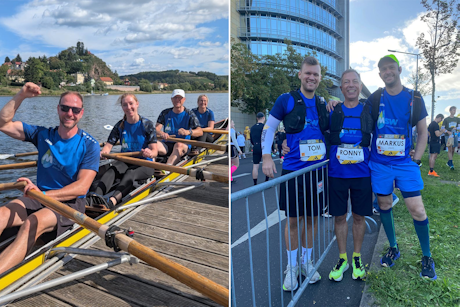 Linkes Bild zeigt vier Personen in einem Ruderboot auf einem Fluss mit bewaldeten Hügeln im Hintergrund; rechtes Bild zeigt drei Personen in Sportkleidung lachend vor einem modernen Gebäude.