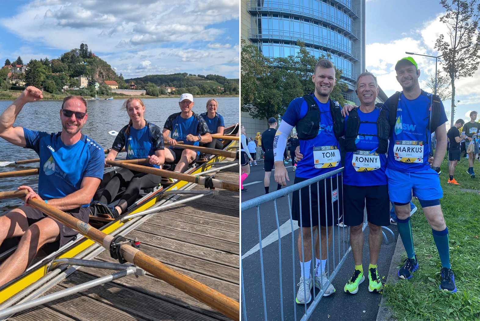 Linkes Bild zeigt vier Personen in einem Ruderboot auf einem Fluss mit bewaldeten Hügeln im Hintergrund; rechtes Bild zeigt drei Personen in Sportkleidung lachend vor einem modernen Gebäude.