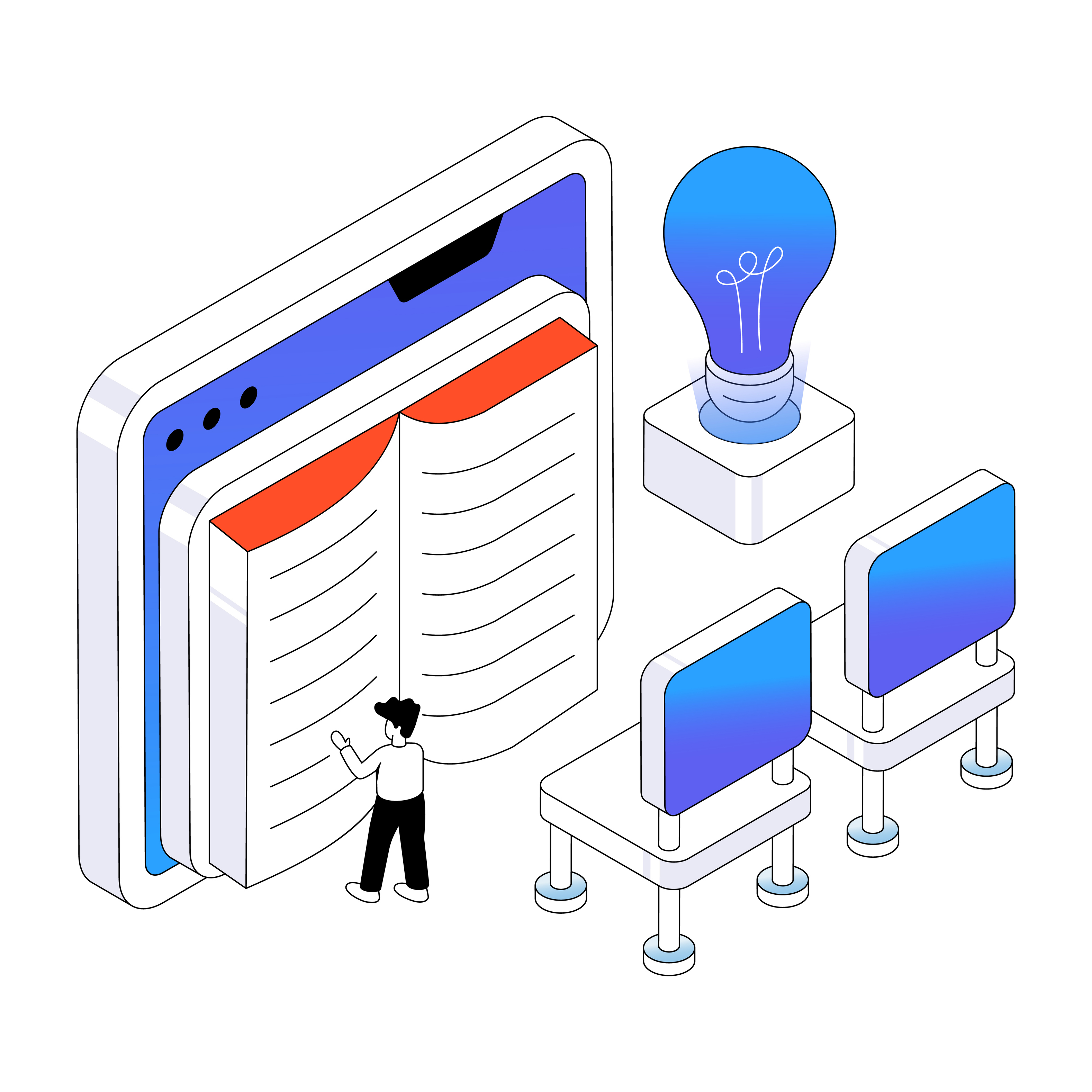 Ein animierter Mensch steht vor einem großen, digitalen Buch auf einem Bildschirm, daneben befindet sich eine Glühbirne und zwei Computerbildschirme auf Tischen, die Konzepte von Lexikon, Wissensdatenbank und Datenbank darstellen.