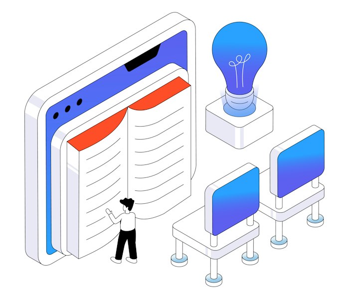 Ein animierter Mensch steht vor einem großen, digitalen Buch auf einem Bildschirm, daneben befindet sich eine Glühbirne und zwei Computerbildschirme auf Tischen, die Konzepte von Lexikon, Wissensdatenbank und Datenbank darstellen.