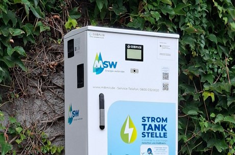 Die Ladestation für Elektrofahrzeuge steht am Straßenrand und wird von üppigem grünem Laub umgeben, mit klar erkennbaren Markierungen und Logos, die auf nachhaltige Energie und Elektrofahrzeug-Aufladungen hinweisen.