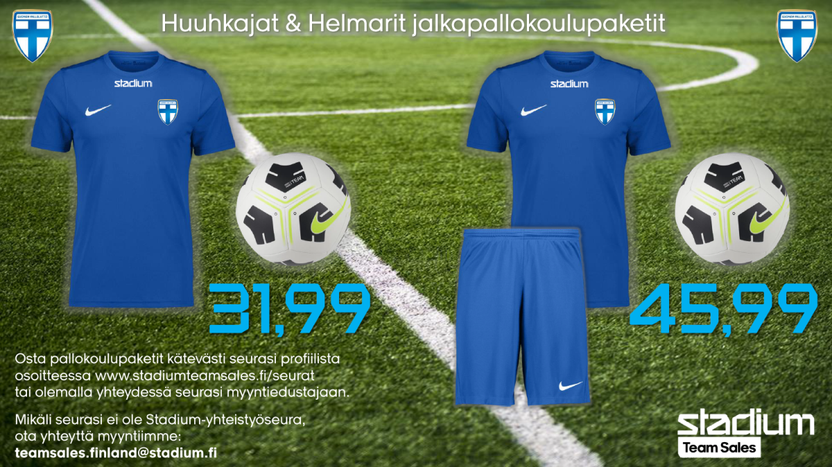 Huuhkajat ja Helmarit jalkapallokoulupaketti, Stadium, tarjous, peliasut