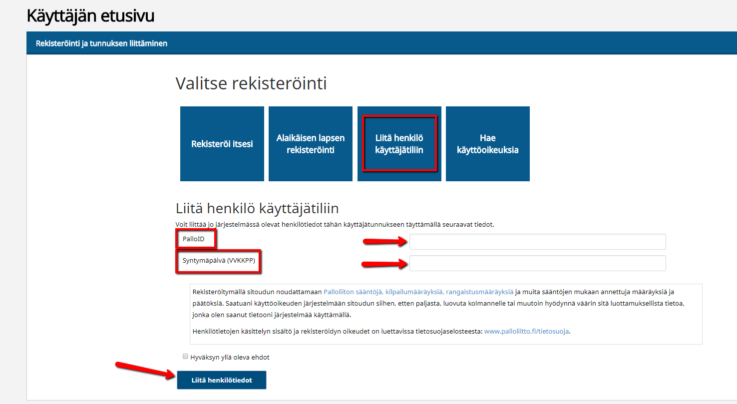 Kuvallinen ohjeistus tietojen liittämiseen käyttäjätunnusten alle Pelipaikka-järjestelmässä
