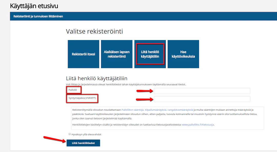 Kuvallinen ohjeistus tietojen liittämiseen käyttäjätunnusten alle Pelipaikka-järjestelmässä