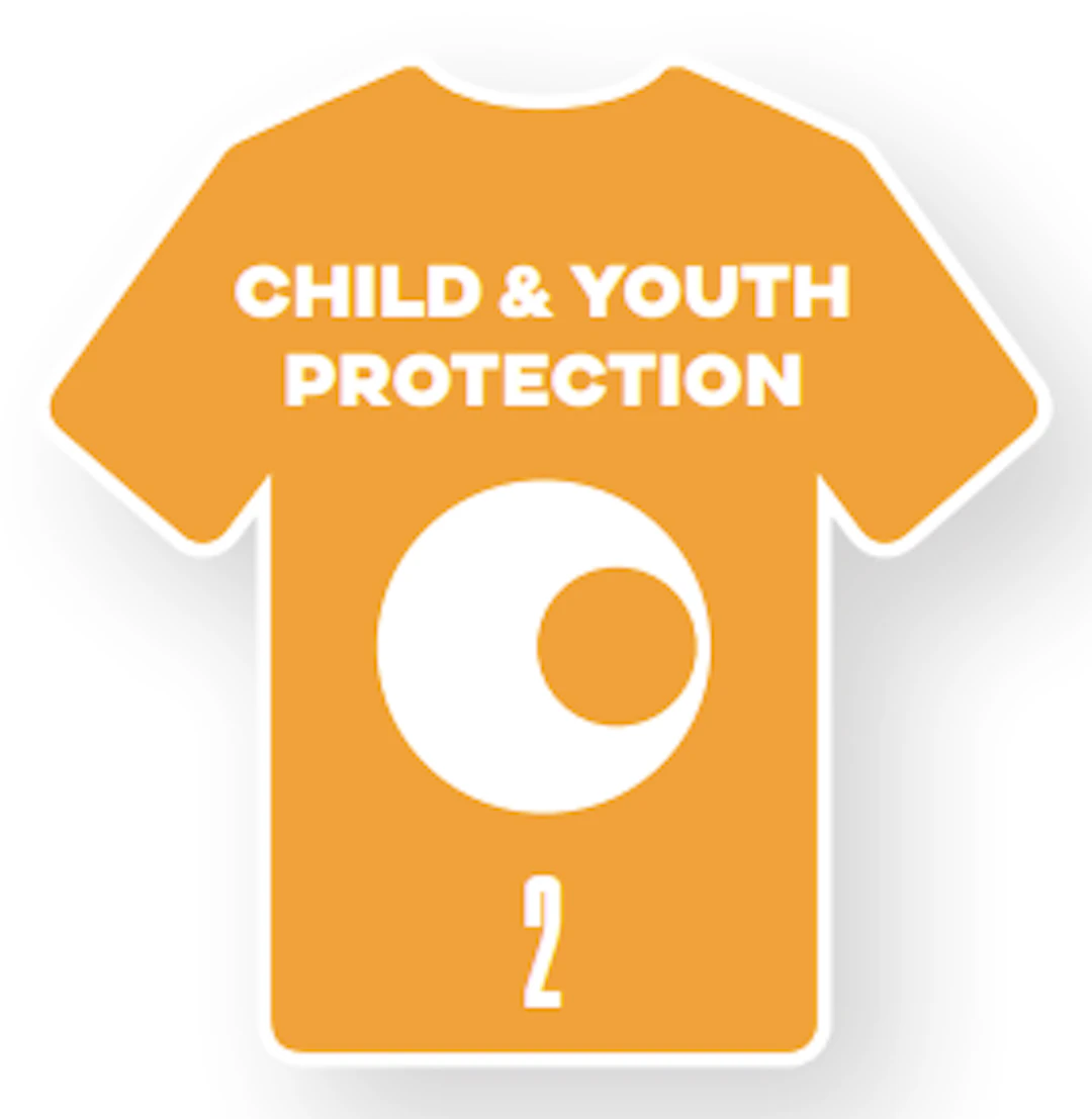 UEFA FSR strategian osa-alueen 2 kuva, pelipaita jossa osa-alueen numero ja nimi Child & youth protection
