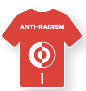 UEFA FSR strategian osa-alueen 1 kuva pelipaita, jossa osa-alueen numero ja nimi Anti-racism