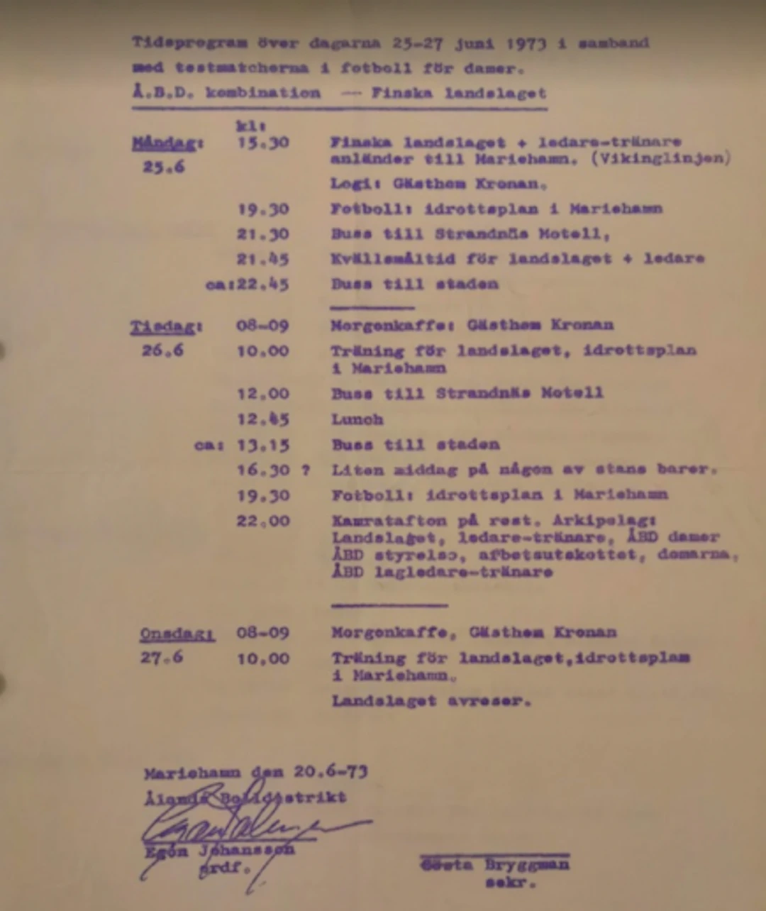 Naisten maajoukkueen ohjelma kesäkuu 1973, kuva
