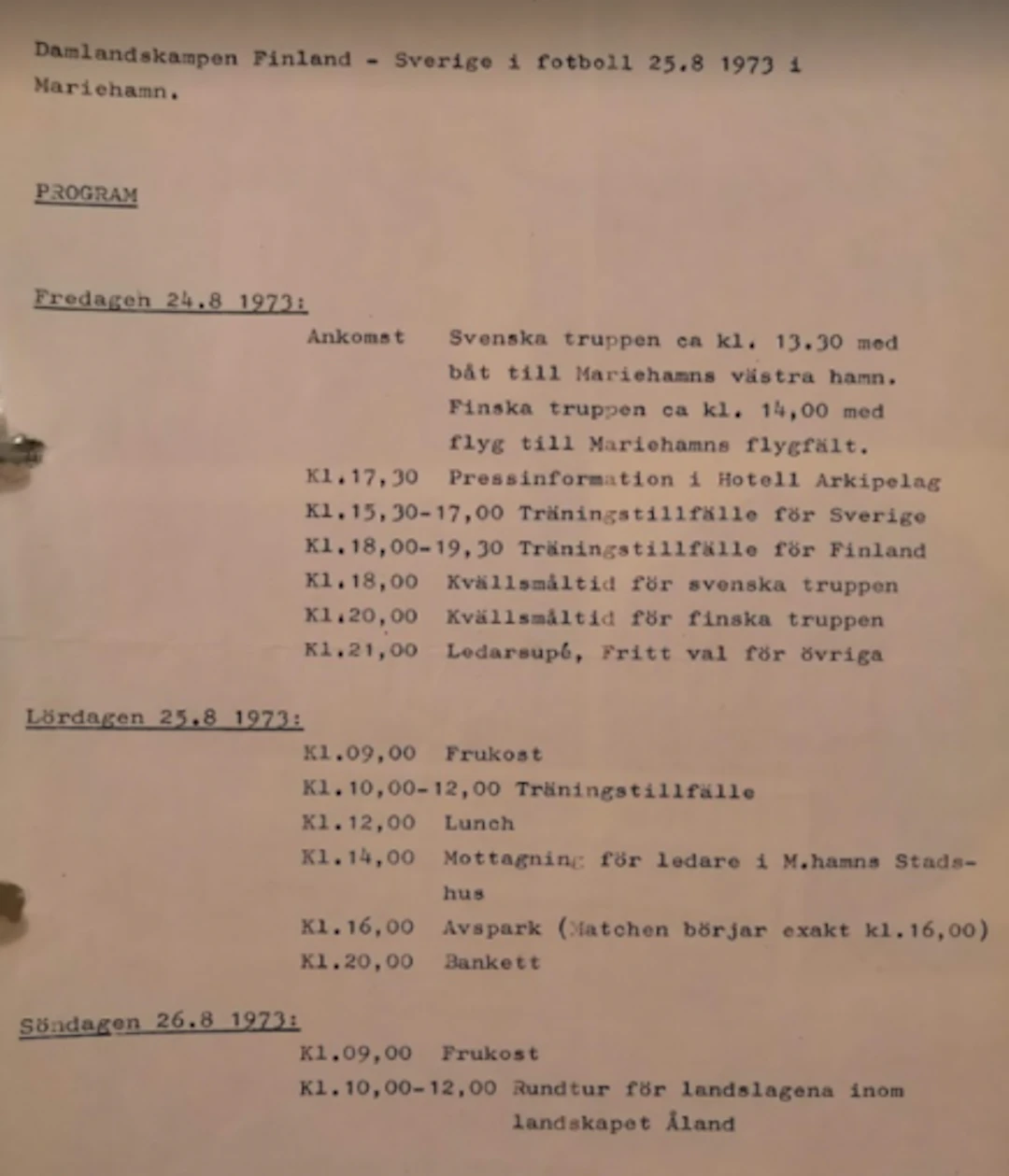 Naisten maajoukkueen ohjelma elokuu 1973, kuva