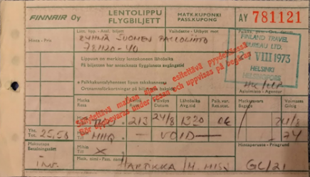 Kuva Marketta Hartikan lentolipusta vuodelta 1973
