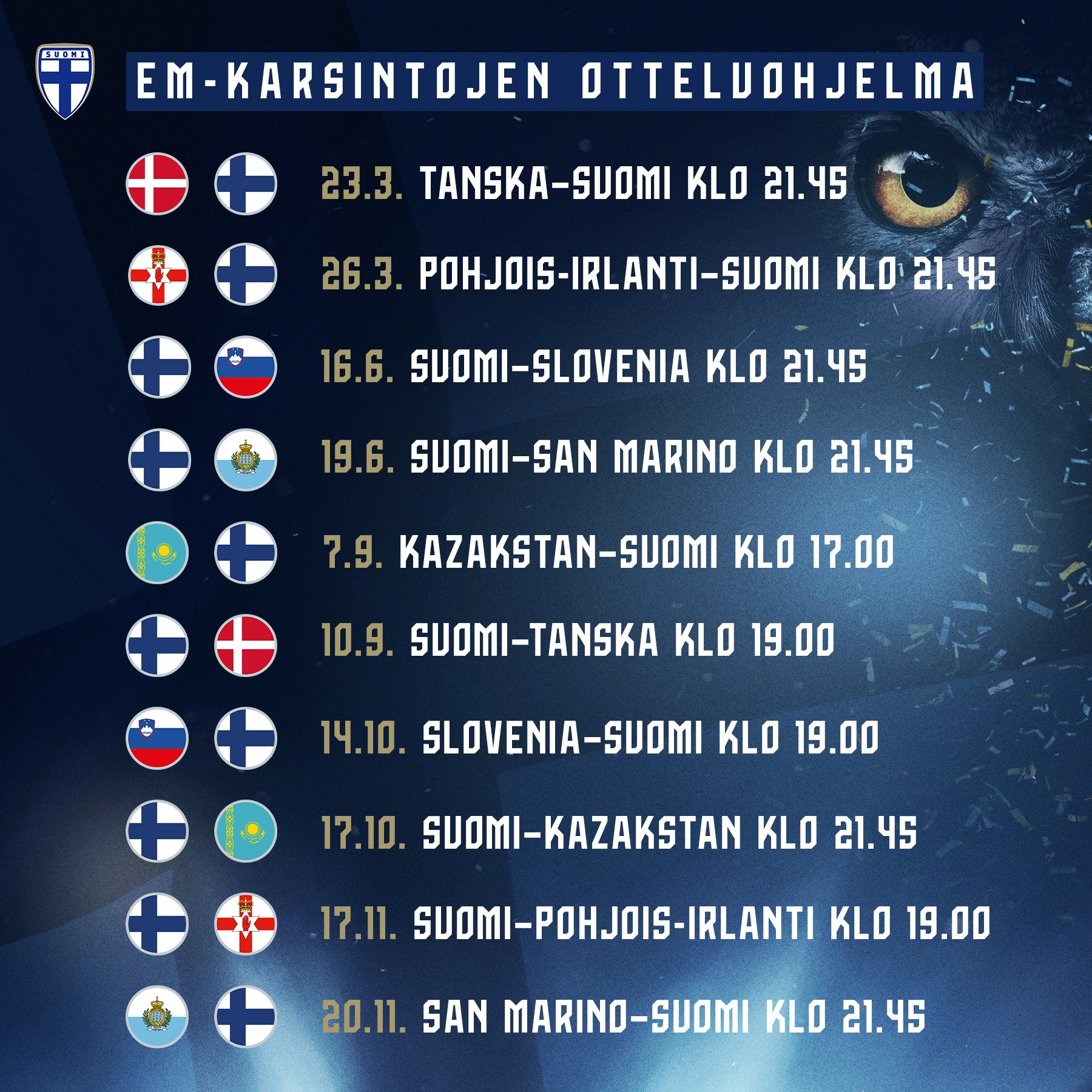 Huuhkajien otteluohjelma EM-karsinnoissa