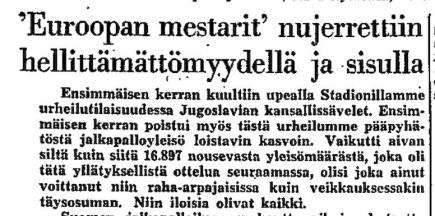Vanha lehtiartikkeli Helsingin Sanomissa, jossa Suomen voitosta iloittiin pelipäivän jälkeen.