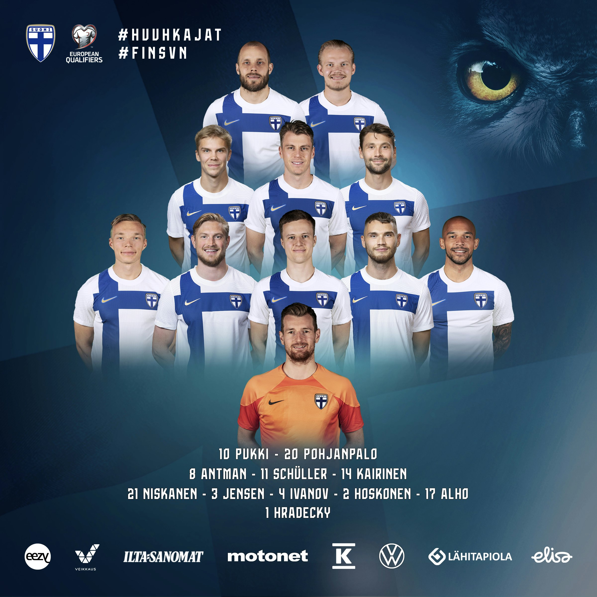 Huuhkajien avauskokoonpano Sloveniaa vastaan.