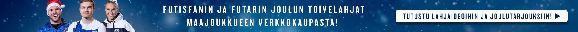 Sinivalkoiset toivelahjat futisfanille ja futarilla Maajoukkueen verkkokaupasta! Tutustu lahjaideoihin ja joulutarjouksiin! >>