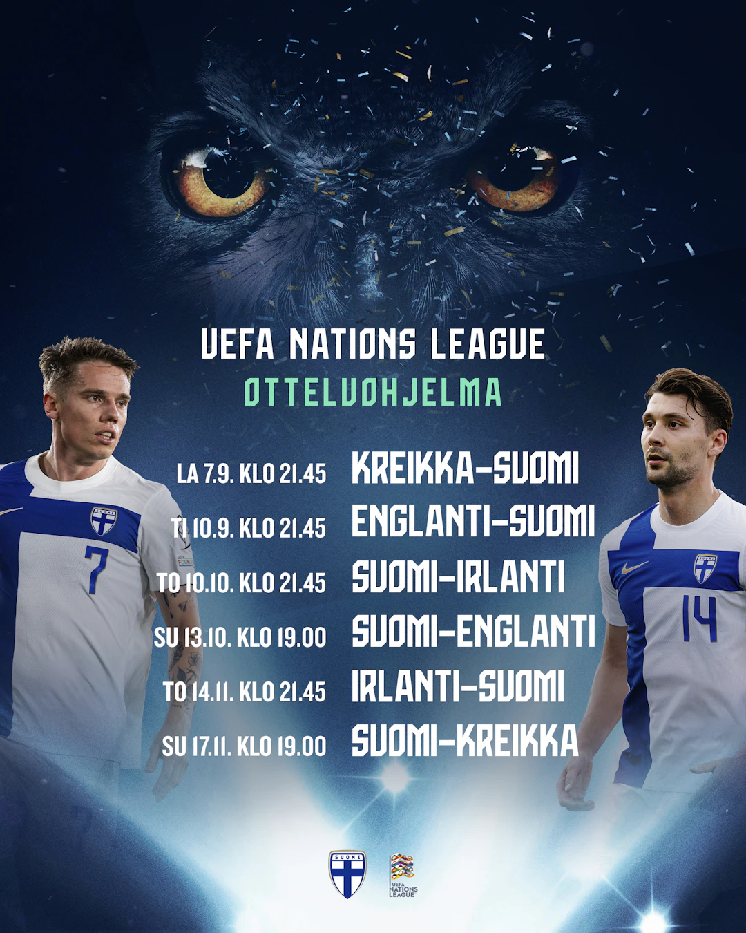 Suomen otteluohjelma Nations Leaguessa.